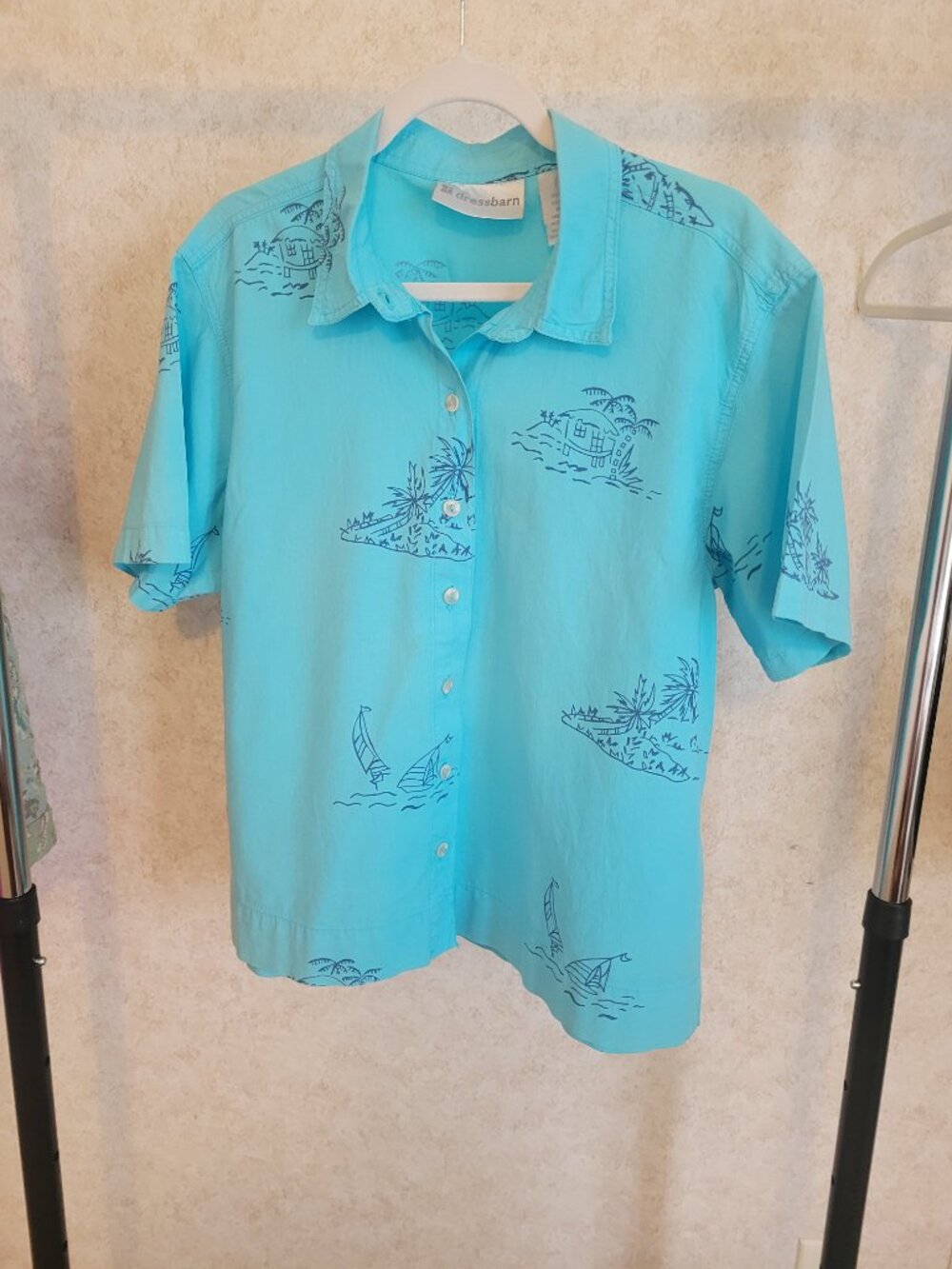 Blue Tropical Short Sleeve Button Top Dress Barn Womens Size XL Hawaiin